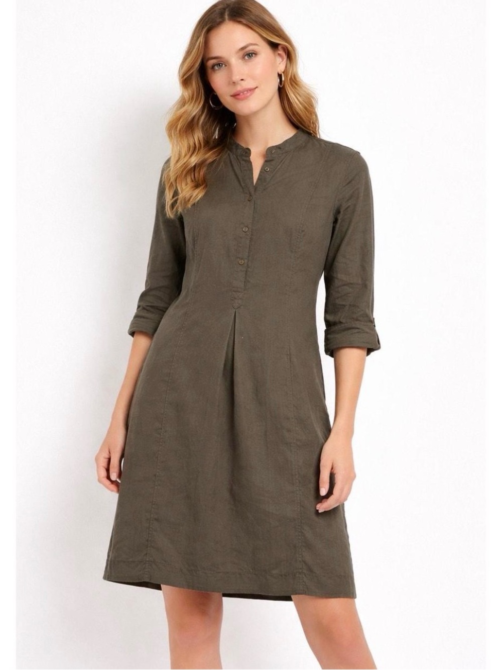 $198 Eileen Fisher tensel mandarin Collar Button Dress brown shirtdress S